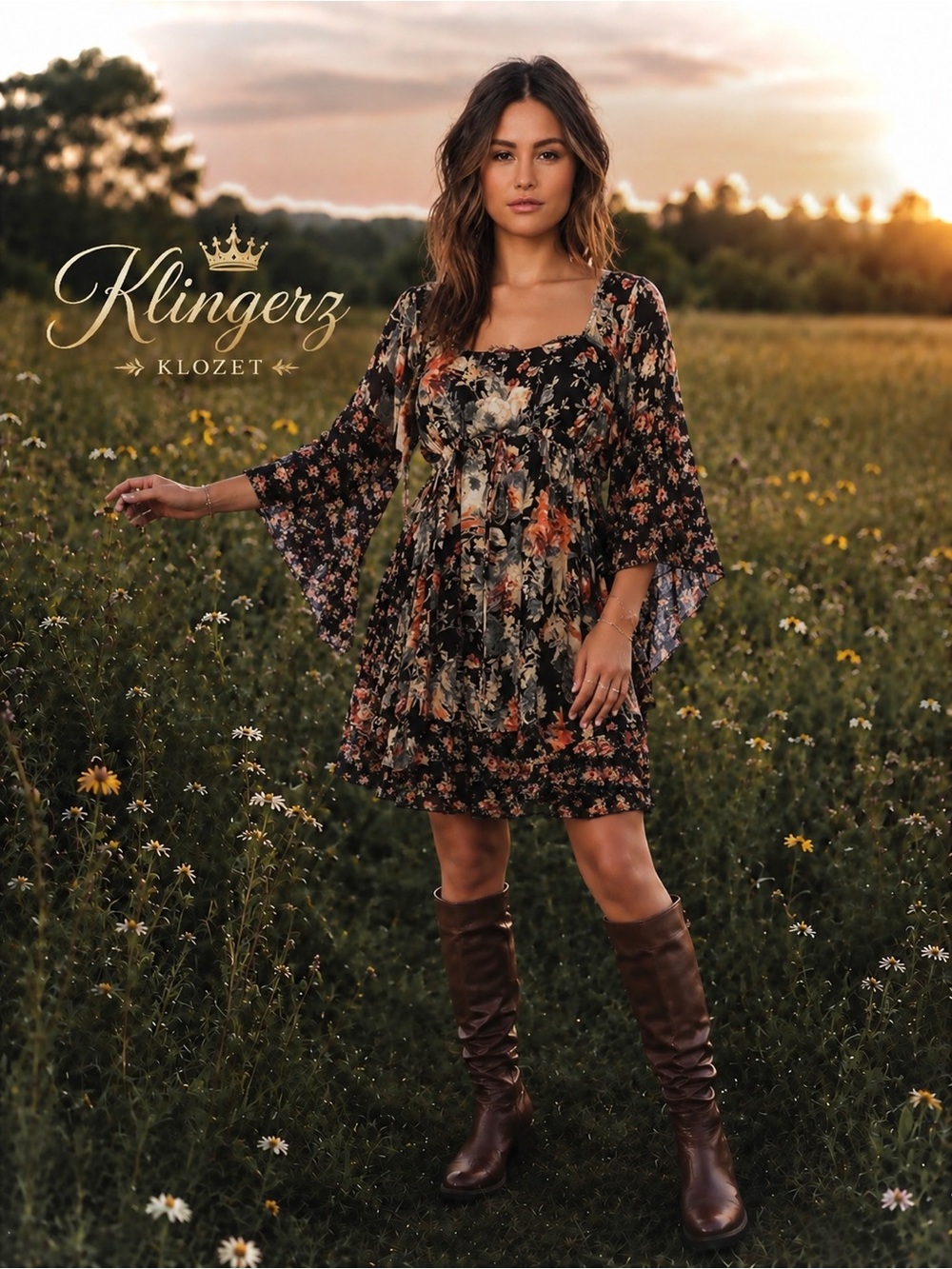 Free people, heart of gold Bohemian, floral, long bell sleeve mini dress.